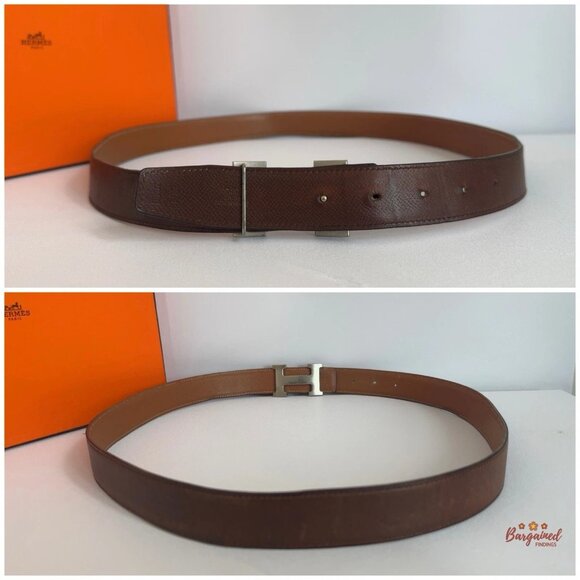Authentic HERMES Brown Leather H Silver Reversible Buckle Belt B 100 main image 6